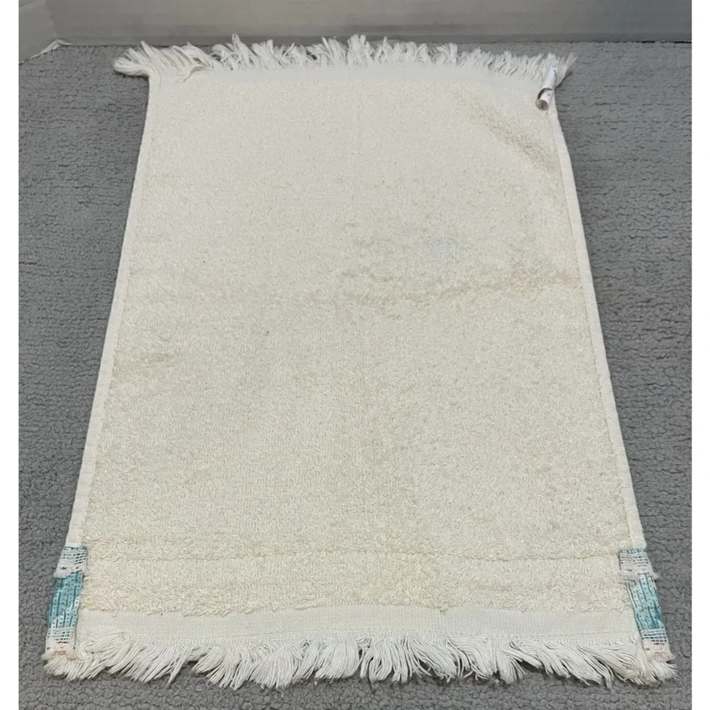 Cannon Bath Hand Towel Cream Fringe Lace Trim Aqua Ribbon Accent Cotton Vintage